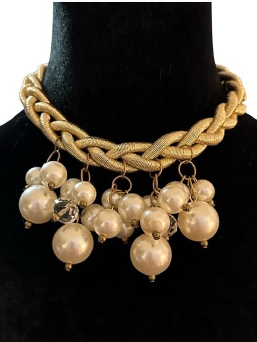 Jules B Statement Necklace Metallic Gold Tone Faux Pearl Beaded Fringe Womens